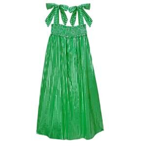 BURU Metallic Tent Stripe Tie Midi Dress Pockets Green Silver Size Medium/Large